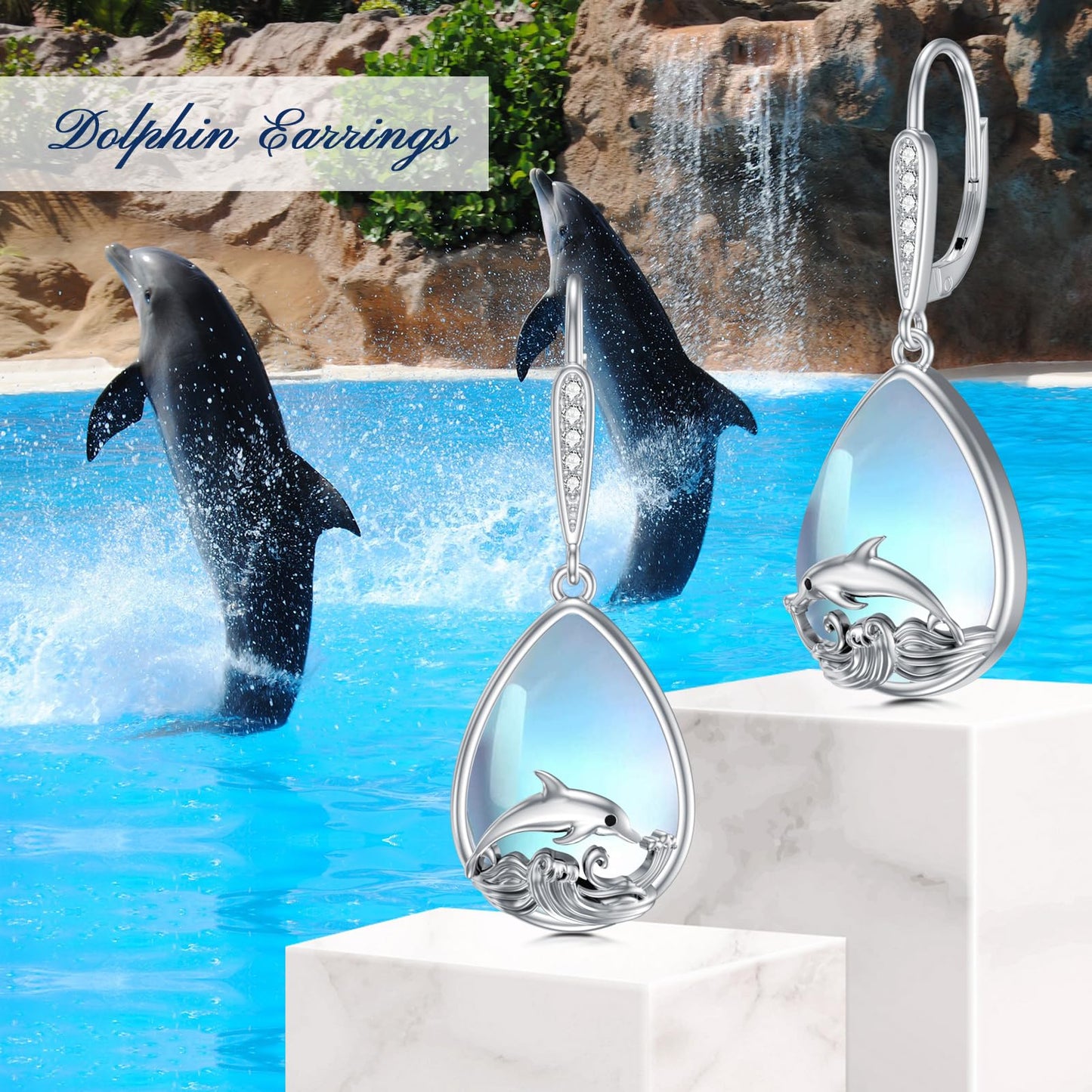 VONALA Dolphin Earrings 925 Sterling Silver Moonstone Leverback Earrings Waves Dangle Drop Dangling Earrings Ocean Animal Jewelry Gifts for Women