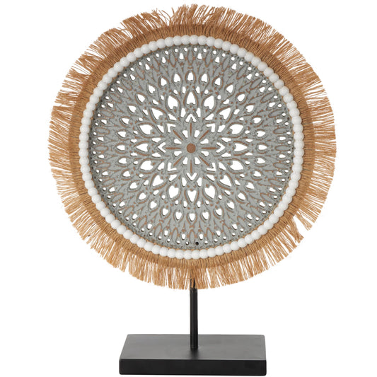 Deco 79 Wooden Tribal Handmade Decorative Sculpture Seagrass Fringed Home Decor Statue with Black Base, Accent Figurine 14" x 4" x 18", Gray