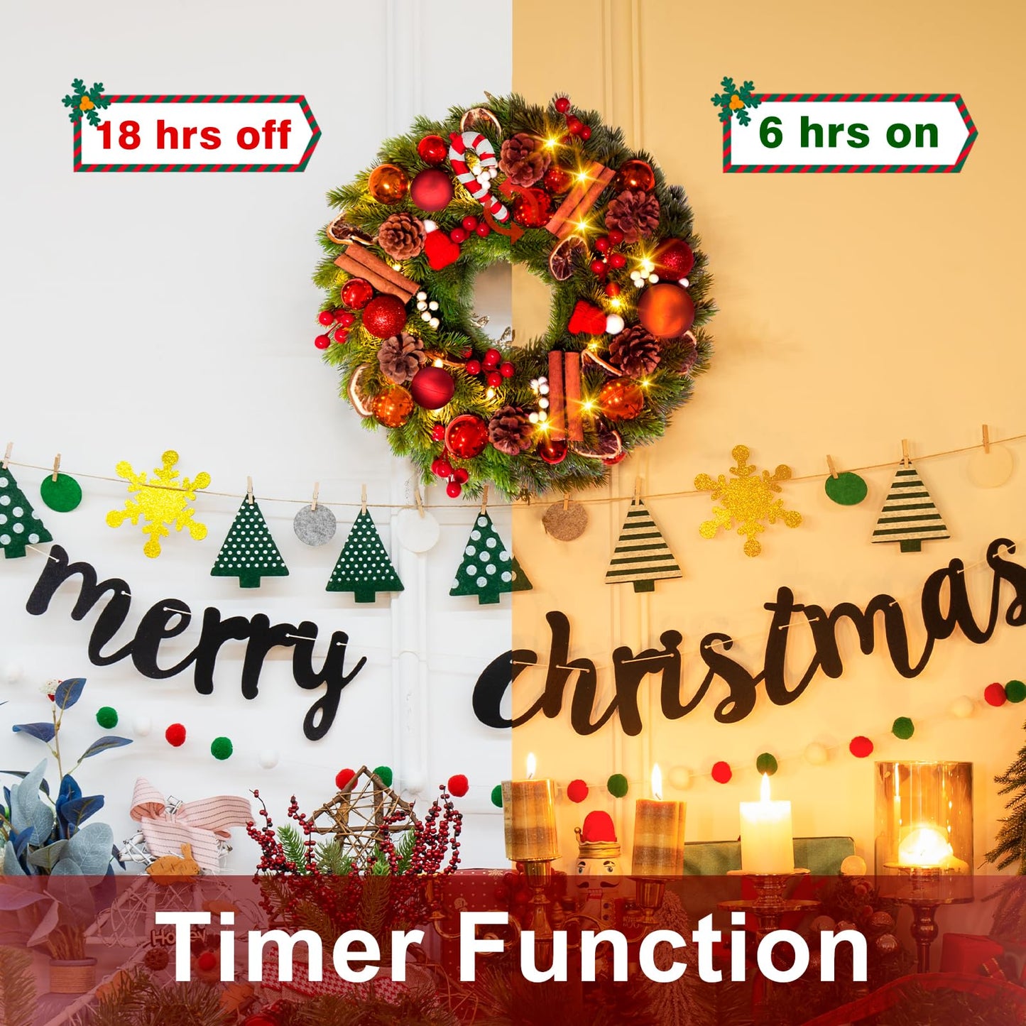 Quntis 16 Inch Christmas Wreath with 40 Lights 8 Modes, Lovely Christmas Door Wreath Decorations Artificial Xmas Wreath with PineCones Dried Lemon Pieces, Winter Wreaths Outdoor Porch Fireplace Window
