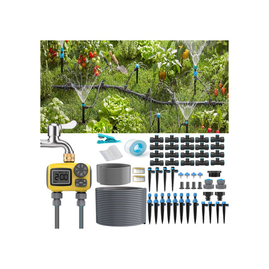 TRJZWA 150FT Drip Irrigation System Kit with 2 Zone Water Timer for Garden,High-Flow Mainline Automatic Watering System,16PCS Adjustable Nozzles,Fast-Plug Tube for Agricultural Yard,Lawn,Greenhouse