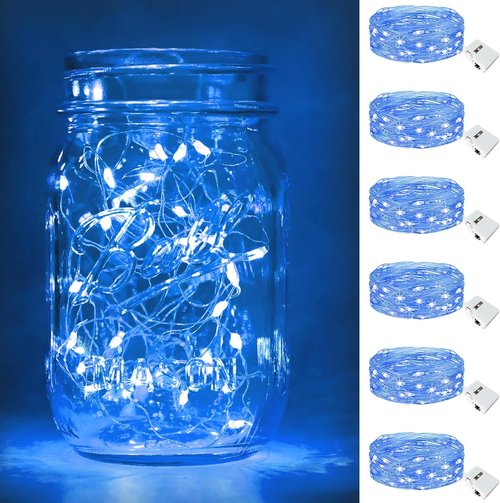 Btfarm Fairy Lights - 6 Pack Battery Operated Twinkle Lights | 7ft Waterproof Silver Wire for Mason Jars & Weddings - Blue