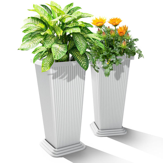 YESUNEED 24" Tall Planters for Outdoor Plants, Set of 2 Large Outdoor Planters for Front Porch Decor with Drainage Hole, Front Porch Decor (Stripes-White)