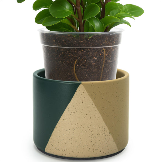 D'vine Dev 6.5" Stoneware Cachepot Planter with 6" Low Clear Nursery Pot & Detachable Saucer – Modern Indoor Plant Pot with Drainage for Bottom Watering & Root Visibility, Desert Forest, 93-O-D-1