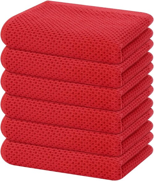 Homaxy Kitchen Dish Towels - 100% Cotton Waffle Weave, Ultra Soft & Absorbent, 13 x 28 Inches, 6-Pack, Red