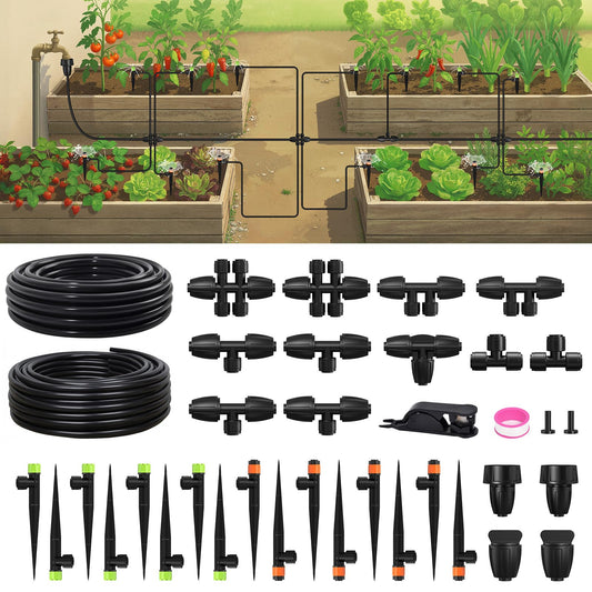RAINPOINT Drip Irrigation System, Quick-Connect Garden Watering System Kit with Adjustable Emitters for Greenhouse, Garden Grid, Raised Bed, Potted Plants (25 ft Main Tubing + 50 ft Irrigation Tubing)