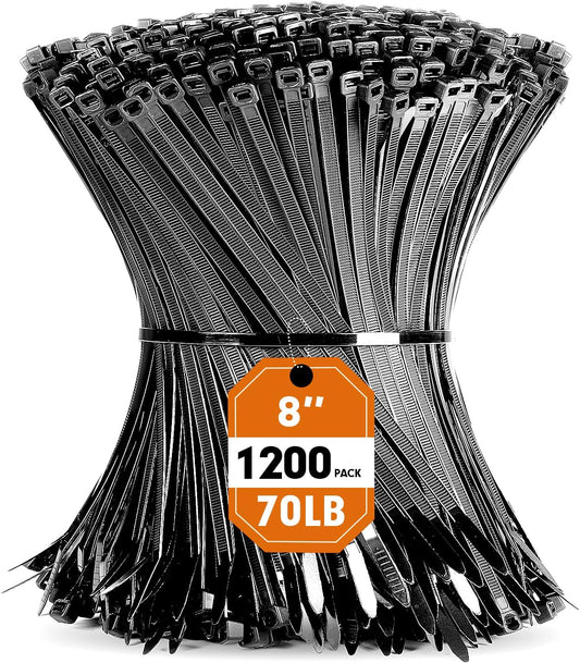 1200pcs 8 Inch, 70lb Zip Ties, RAZCC Black Cable Zip Ties Heavy Duty Plastic Wire Ties with Tensile Strength