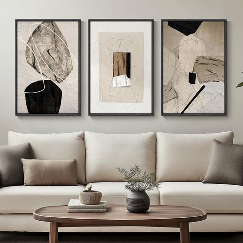 Framed Neutral Abstract Wall Art Set by [Brand Name] - Modern Canvas Prints for Living Room | 16x24 Inch Minimalist Black and Beige Decor