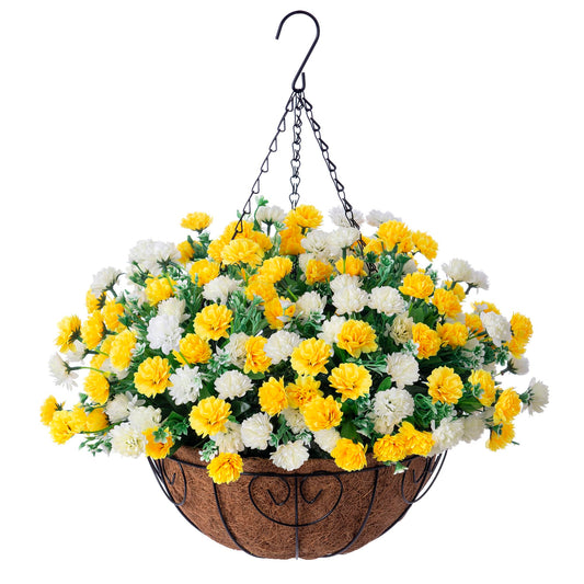Artificial Hanging Flowers Basket for Spring Outdoors Decoration, Silk Mums Fake Flowers UV Resistant Look Real Daisy with Coconut Lining Baskets for Outside Porch Courtyard Decor(Yellow and White)