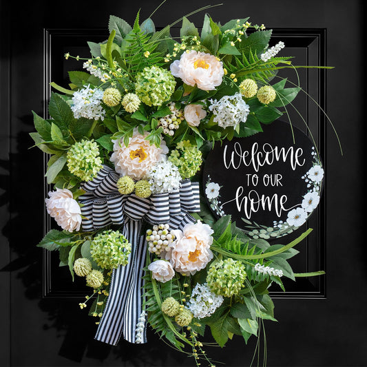 Spring Summer Wreaths for Front Door, Half Circle Summer Wreath with Hydrangea & Peony, Striped Bow & Welcome Sign – 24 Inch Indoor/Outdoor Seasonal, Housewarming & Festive Spring Door Wreath Decor