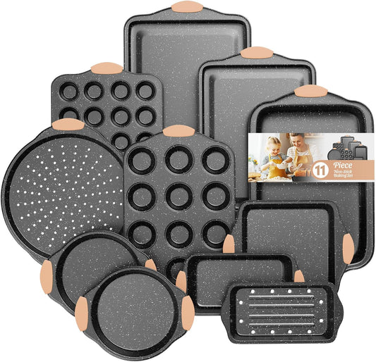 Skiennix 11-Piece Nonstick Baking Pans Set - Versatile Bakeware with Silicone Handles | Khaki & Black