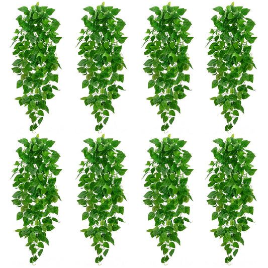 BLEUM CADE 8Pcs Fake Hanging Plants, 9 Branch Artificial Hanging Plant, Lush Faux Pothos Vines for Home Room Wall Shelf Porch Outdoor Indoor Decor (No Baskets)