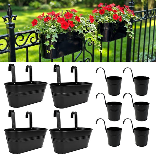 LaLaGreen 11.8 Inch Rail Planter (10-PIECE Combo Set) Black Metal Outdoor Fence Rail Planters, Modern Plants Hanging Railing Balcony Gardening for Apartment Garden Style Iron Patio Flower Pots Deck