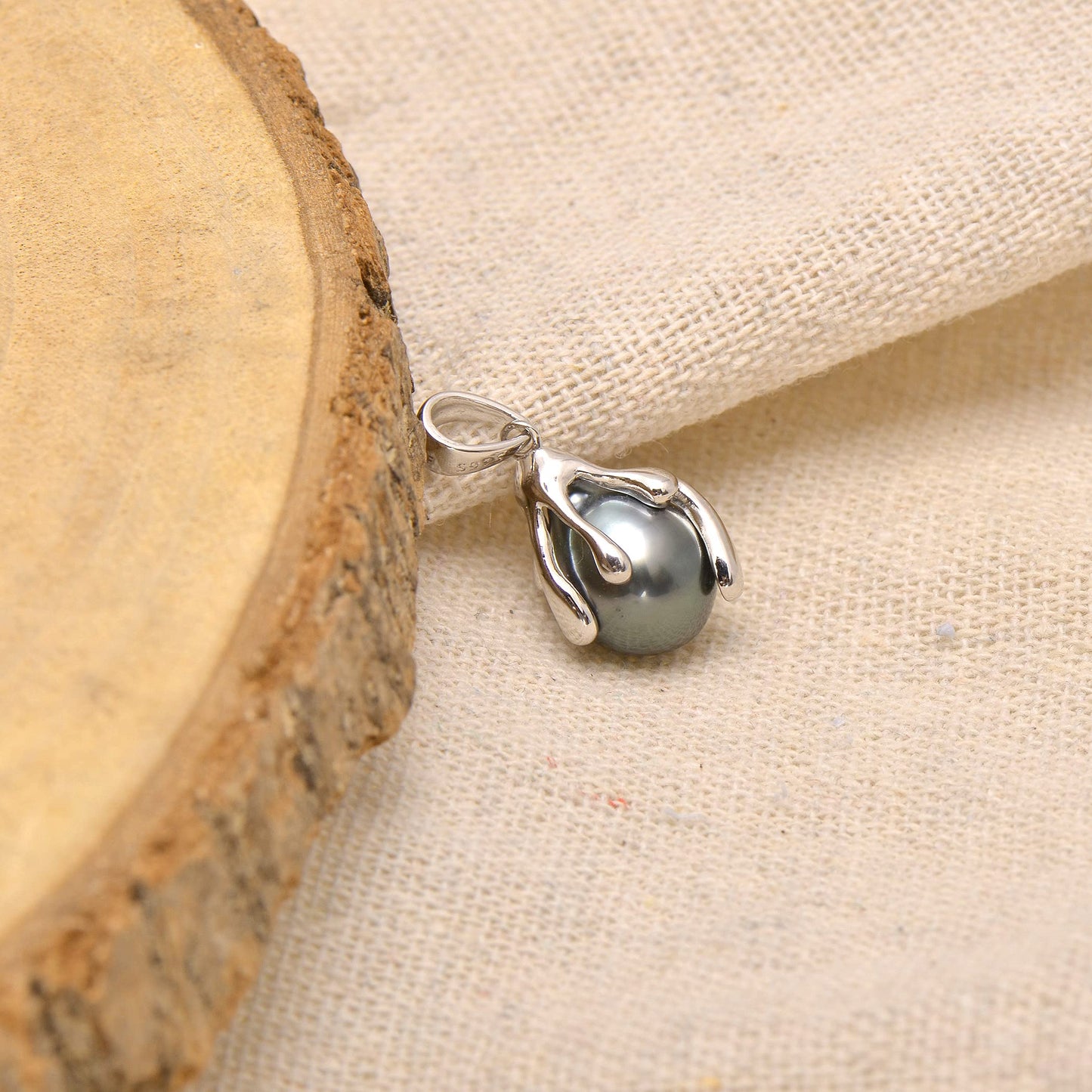 925 Sterling Silver Artistic Wrapping Cultured Tahitian Black Pearl Pendant Necklace, White Gold Plating