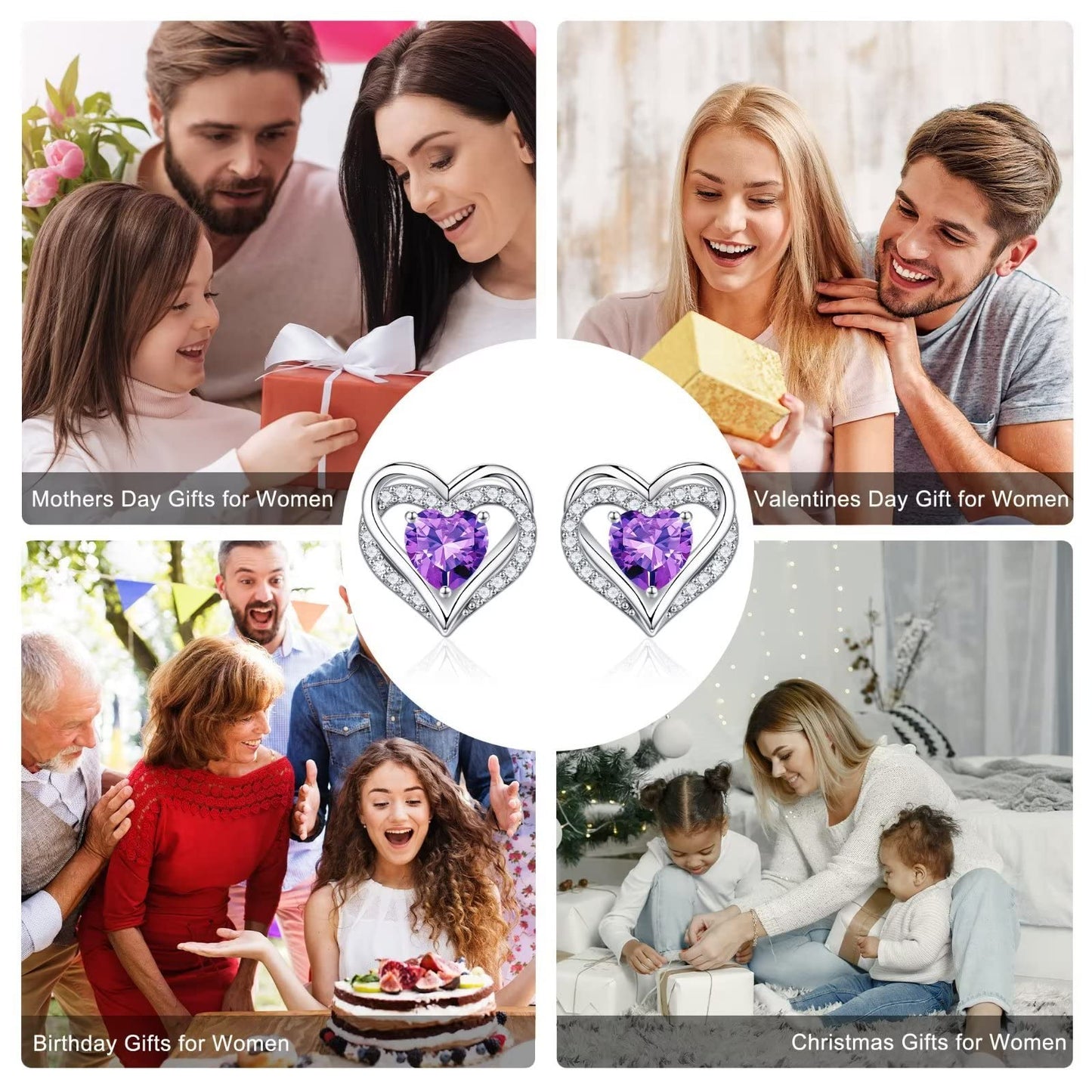 Iefil Birthstone Earrings for Women - 925 Sterling Silver February Birthstone Purple Amethyst Heart Stud Earring for Women