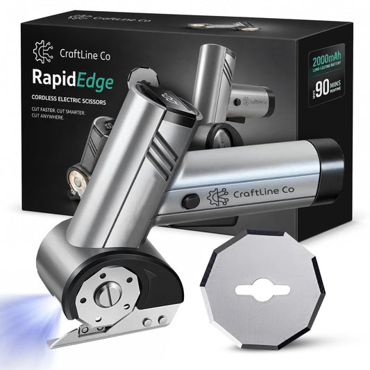 RapidEdge Cordless Electric Scissors Rechargeable Cardboard Cutter, Brushless 350RPM, Tungsten Blade, Quick Blade Swap, USB-C | Fabric Cutter for Carpet, Leather, Sewing & Quilting