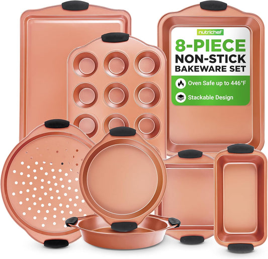 NutriChef 8-Piece Nonstick Baking Pans Set - Durable Carbon Steel Bakeware with Heat-Safe Handles - Rose Gold