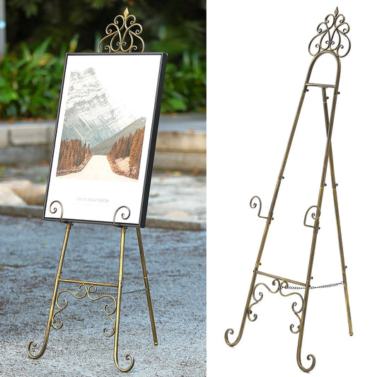 YiLifebes Vintage Metal Free Standing Adjustable Display Stand Easel with Chain Support, Extra Large Scroll Floor Standing Easel for Display Mirror Wedding Welcome Signs Picture Frame