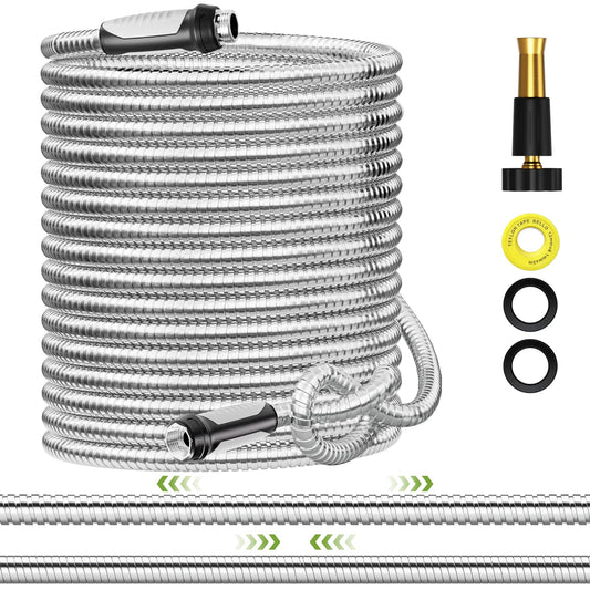SPECILITE Expandable Garden Hose 75 FT, 304 Stainless Steel Heavy Duty Metal Water Pipe with Adjustable Nozzle - Flexible, Kink Free, Leak-Proof, Lightweight, for Outdoor, Yard, Lawn, Car Washing