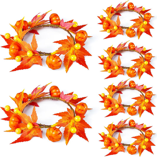 Skiennix Fall Candle Rings - 6Pcs Artificial Pumpkin & Maple Leaf Wreaths for Autumn Decor | 3.1" ID / 7" OD