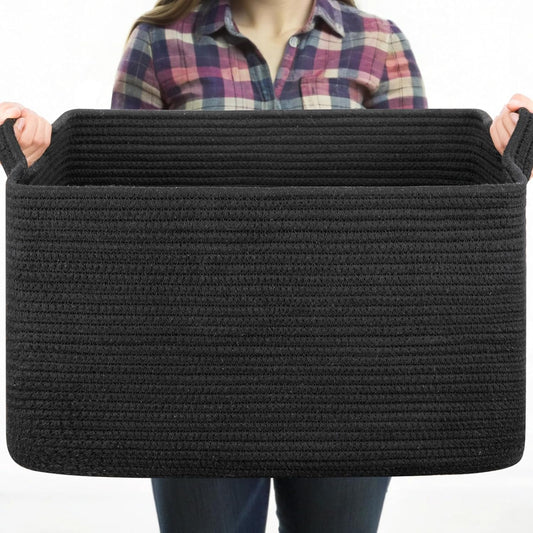 OIASKET Large Black Blanket Basket - Stylish Woven Storage for Toys, Towels & Laundry