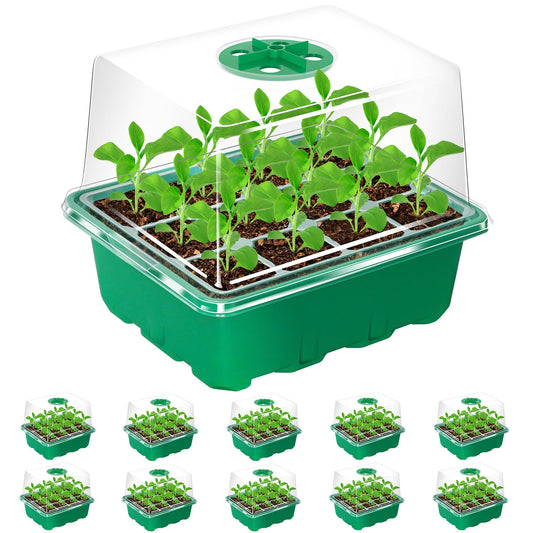 Bonviee 10 Packs Seed Starter Tray with Elevated Lid, 120 Cells Thicken Seed Starting Trays Kit with Adjustable Humidity Vent, Clear Cell Tray and Heightened Lids for Greenhouse & Gardens, Green