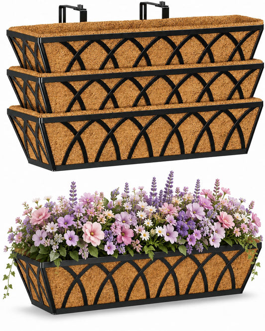 Y&M 4pcs 24 Inch Planter, Metal Window Boxes with Coco Liner, Indoor Outdoor Hanging Flower Planter for Garden, Lawn, Balcony, Porch, Fence, Patio Rail