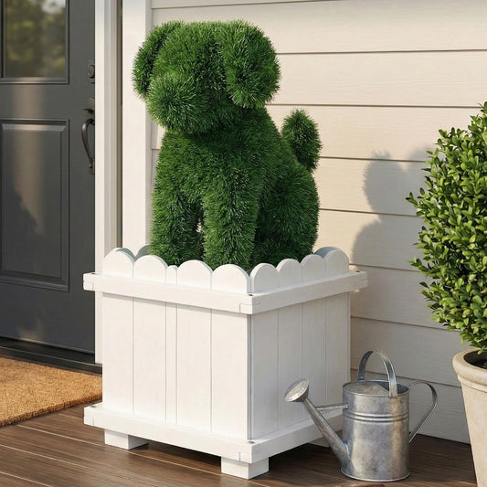 Verdcassz 34.6" Original Design Handcrafted Dog Topiary with White Planter - Premium Faux Boxwood Sculpture, Front Porch Decor, UV-Resistant, No Maintenance, Artificial Plant for Entryway & Patio