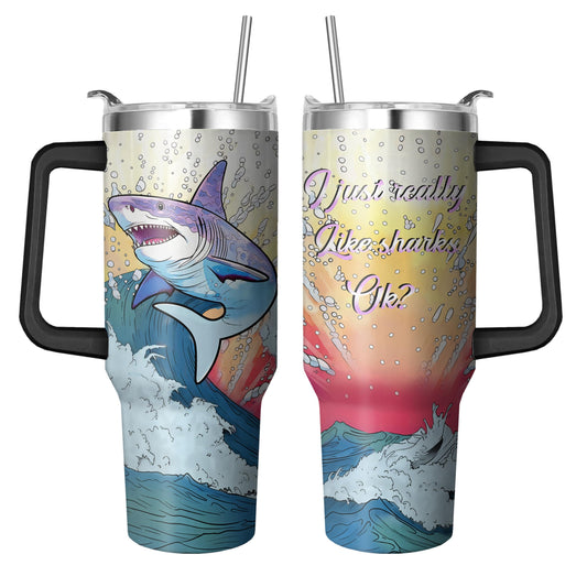 Ksoemar 40 Oz Shark Tumbler with Handle and Straw, Double Wall Stainless Steel Shark Cup, Sharks Coffee Mug Keeps Drinks Cold & Hot Gifts for Women Men Friends for Birthday, Chrismas, Thanksgiving