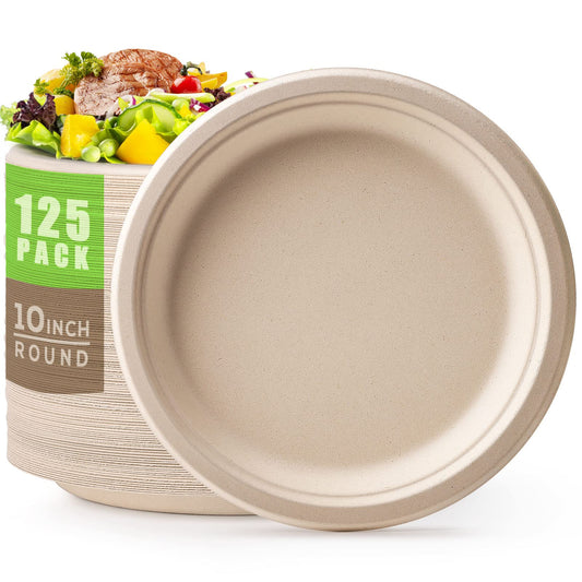 Gezond 100% Compostable Plates, Paper Plates 10 Inch 125 Pack Disposable Heavy-duty Plate Biodegradable Sugarcane Bagasse Plate for Party Picnic (Natural)