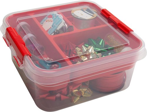 Gift Supply Storage Box by Simplify - 5 Compartment Design with Clear Top Lid | Red | 9.5” x 9.5” x 4.5”
