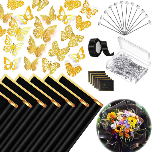 179Pcs Flower Wrapping Bouquet Paper Kit with 20 Sheets Black Floral Wrapping Paper,100 Pcs Diamond Bouquet Pins, 48Pcs 3D Gold Butterflies,1Roll Ribbon,10 Cards for Graduation Birthday Wedding DIY Craft