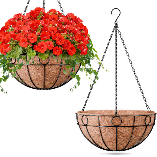 ZeeDix 16 Inch Large Hanging Baskets for Plants Outdoor, 2 Pack Round Metal Wire Planter Basket with Coco Coir Liner, Hanging Flower Pots for Garden Yard Patio Porch Balcony Decor