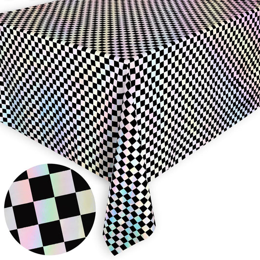 xo, Fetti Black and Iridescent Checkered Washable Tablecloth - 9 ft. | Birthday Party Decorations, Disco Bachelorette Party Supplies, Retro Tableware, Cute Table Cover