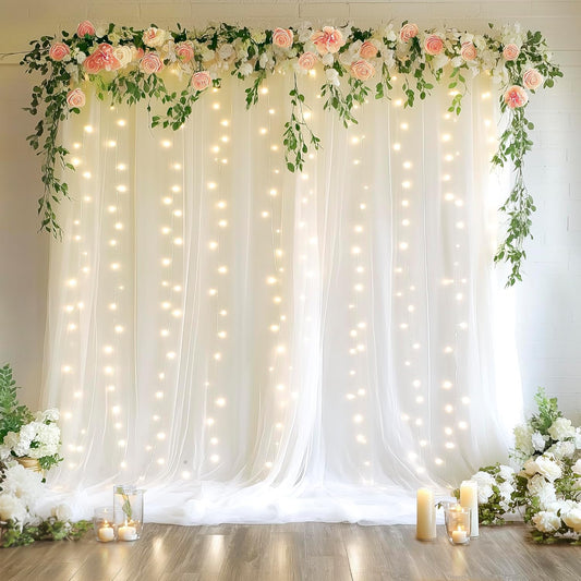 10FT 8FT (2 5x8FT) Fomcet Tulle Backdrop Curtains with Lights String White X Sheer Curtain with Lights Tulle Curtains