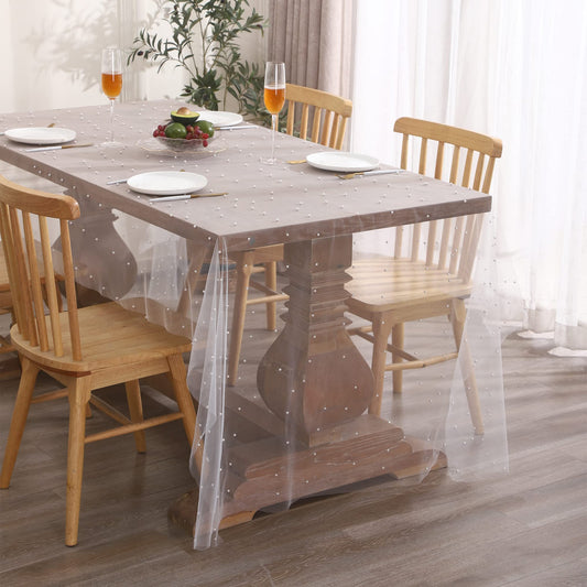 Tosleo Fairy Tablecloth White Pearl Table Cloth Summer Sheer Tulle Fabric Lace Table Cover Bridal Veil Tablecloths Chiffon Table Covers for Christmas Wedding Birthday Party(55 x 102 Inch)