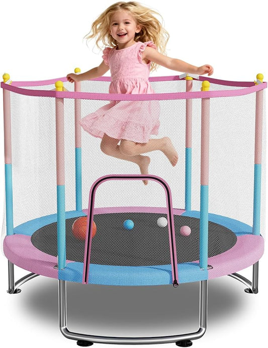 Kids Trampoline with Safety Net – 440lbs Capacity, Upgraded Rust-Proof Ring Legs, Adjustable Gymnastics Bar & Toys – Indoor Outdoor Toddler Trampoline for Boys & Girls Ages 1-8