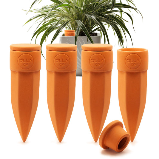 The Olla Company Plant Watering Spikes with Lids - Ideal for 5”-9” Pots - Vacation Friendly - Terracotta - Medium - Set of 4