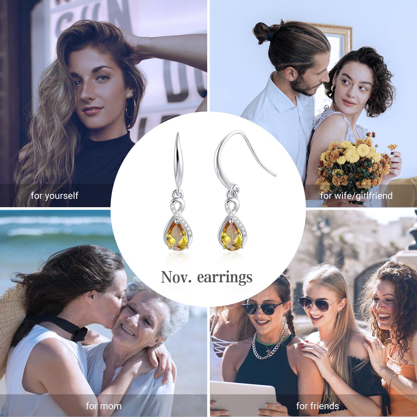 Infinity Birthstone Earrings 18K White Gold Plated 925 Sterling Silver Teardrop Infinity Drop Dangle Earrings November Birthstone Jewelry Birthday Gifts for Women Her Mother Wife