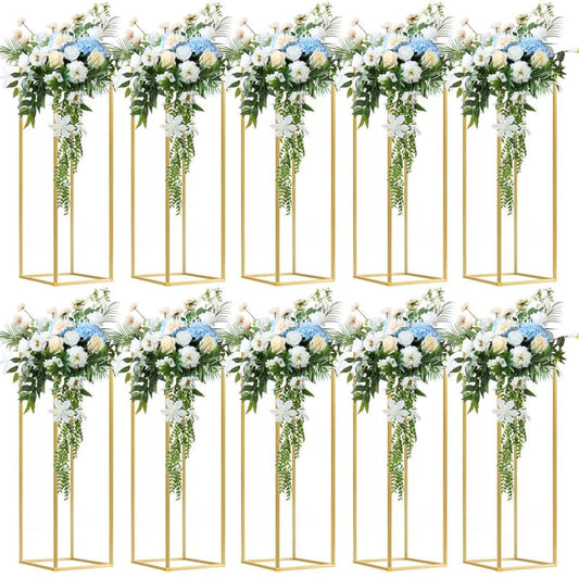 Fitous 10 pcs 31.5inch/80cm High Gold Flower Stand Metal Vase Column Geometric Centerpiece Stands, Wedding Centerpieces Gold Vases Rectangular Flower Display Rack for Wedding, Party Decoration