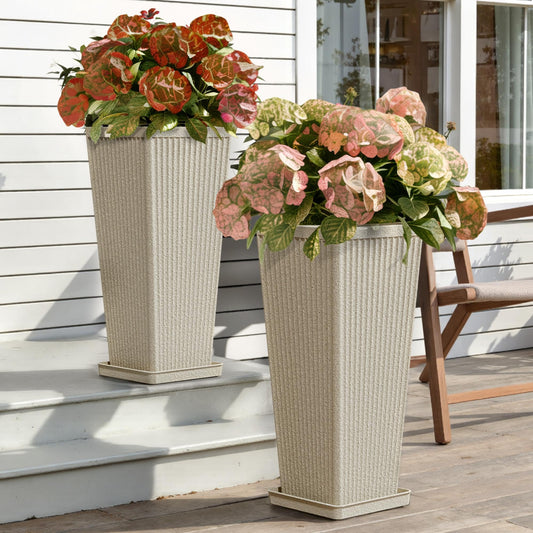 Trygoal Tall White Planters for Outdoor Plants - 23.6" Classic Tapered Large Outdoor Planters Set of 2 with Drainage Holes/Partition/Tray, Heavy-Duty Front Porch Planter for Porch Patio, Garden Vase