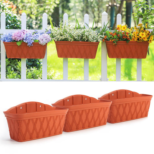 Sungmor 3 Pack Wall Hanging Planters, 16.5 Inch Railing Fence Hanging Flower Pots, Thickened Plastic Water Storage Plant Pot, Indoor Outdoor Garden Balcony Decor, Large Terracotta Color Plant Basket