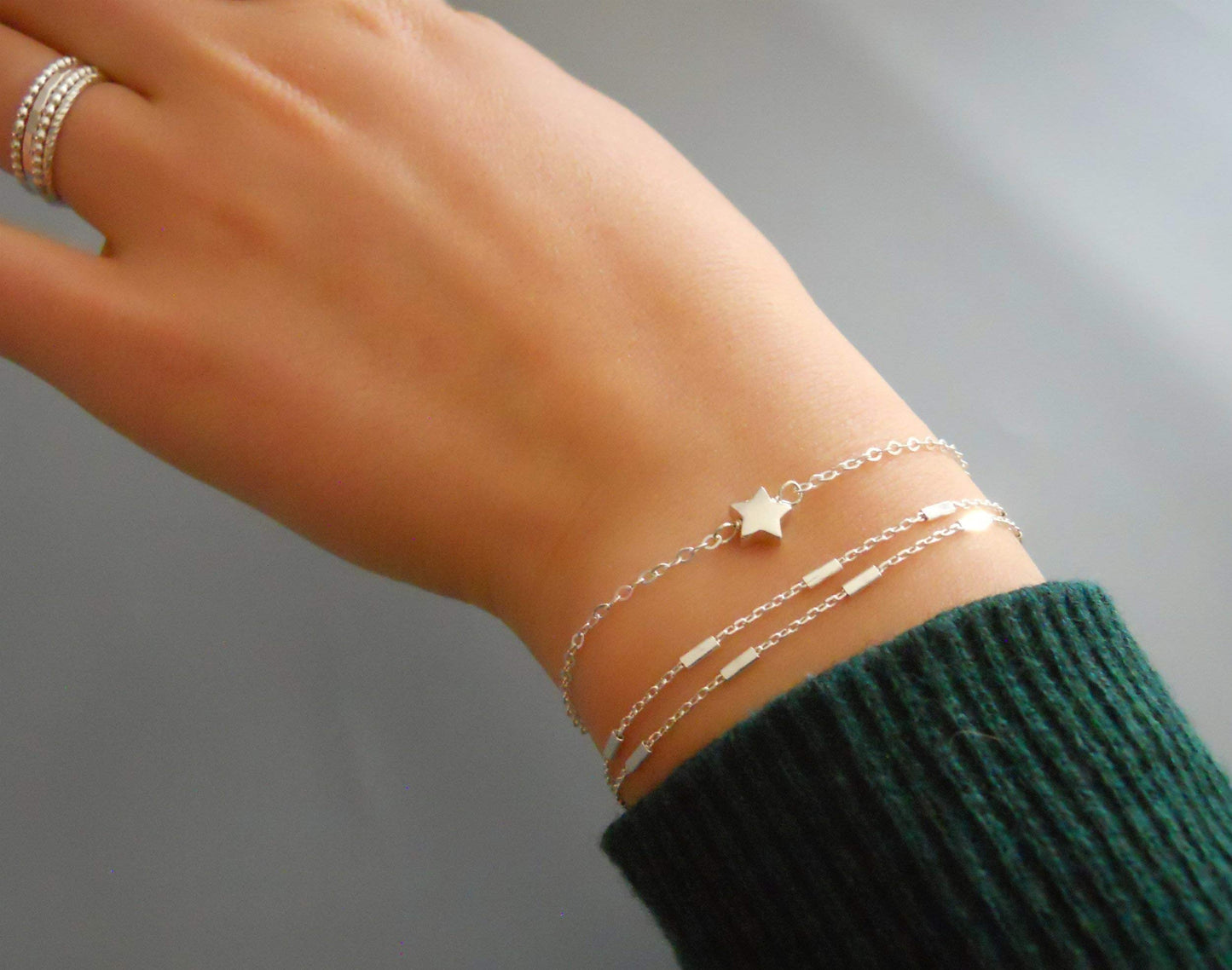 Annika Bella 925 Sterling Silver Double Layered Bracelet, Length 6.5-7.5 Inches, Chain Bracelets for Women, Waterproof Minimalist Women's Jewelry (Satellite Bar Chains)