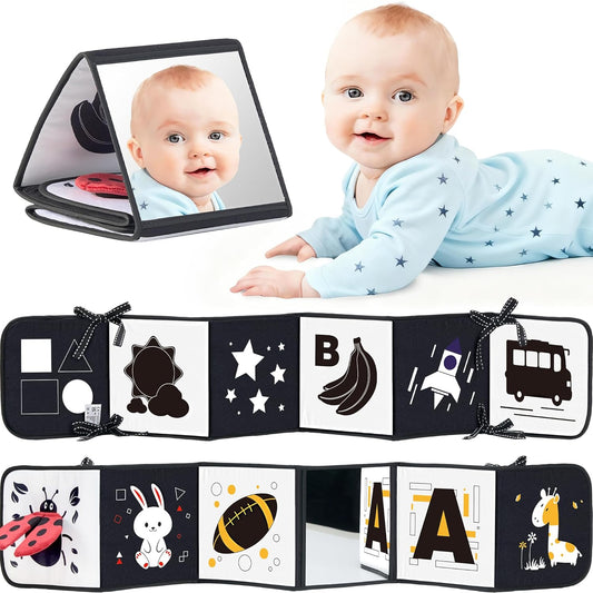 Skiennix Black and White Baby Books - Tummy Time Mirror & Soft Montessori Sensory Toy for Infants 0-6 Months