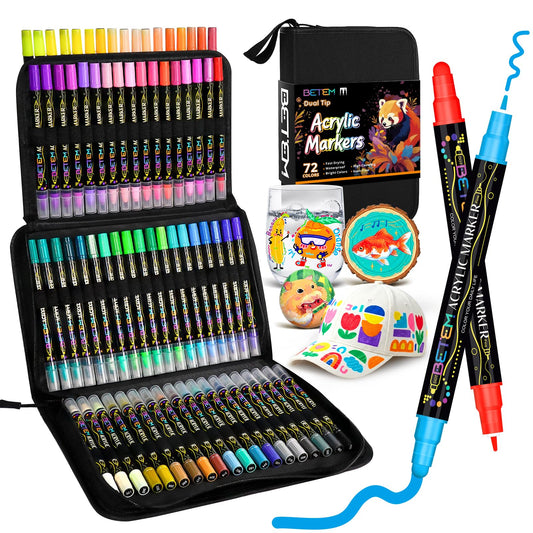 Betem 72 Colors Dual Tip Acrylic Paint Markers, Fabric Decorating Kits Premium Water-Based Acrylic Paint Pens Art Supplies for Fabric, Rock, Wood, Glass, Canvas, Ceramic, Teacher Appreciation Gift