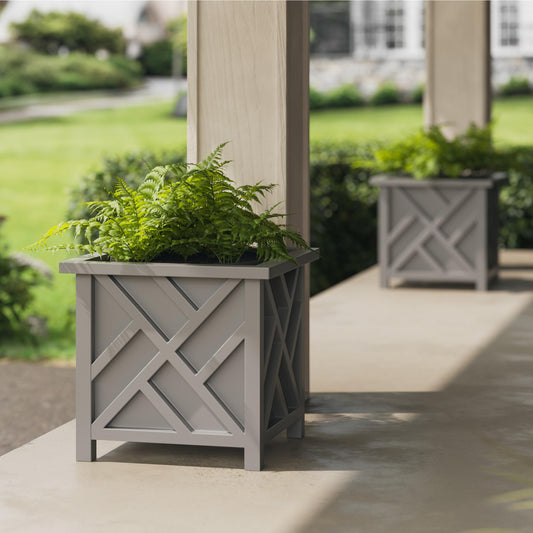 Lattice Design Outdoor Planter Box 2-Pack - 15.5” Square 16.5” Tall Gray Decorative Plant Pots for Front Porch Decor - Flower Pots Outdoor Planters for Porch Patio or Garden Decor by Pure Garden