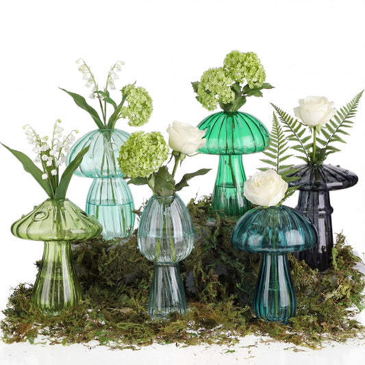 7 Pcs Mushroom Glass Propagation Vases 6 Colored Mini Cute Terrarium Plant Propagation Station Small Hydroponic Pots for Spring Easter Decor Flowers Decoration Gift Bedroom Kitchen (Green)