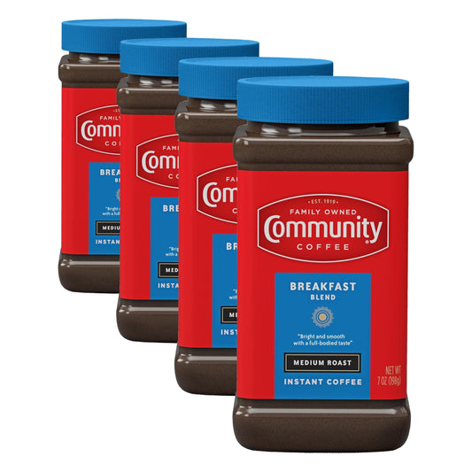 Community Coffee Breakfast Blend Instant Coffee, Medium Roast, 7 oz Jar (Pack of 4)