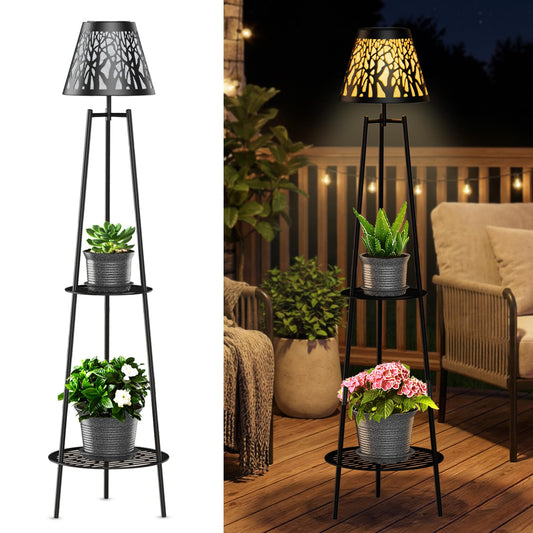 MXwcy 2-Tier Solar Plant Stand with Light, Outdoor Waterproof Floor Lamp with Tree Branch Cutout Lampshade, Tall Metal Planter Holder Display Rack for Patio, Porch, Garden, Balcony Decor (2 Pack)