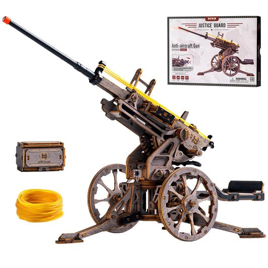 ROKR Anti-Aircraft Gun 3D Wood Puzzle for Adults - Mechanical Rubber Band Shooting Model Kit, DIY Building Set for Teens and Hobbyists, Desktop Decor