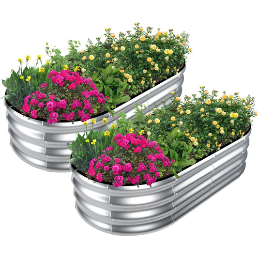 SnugNiture Galvanized Raised Garden Bed Outdoor, 2 Pcs 4x2x1ft Oval Metal Planter Box for Planting Plants Vegetables, Silver